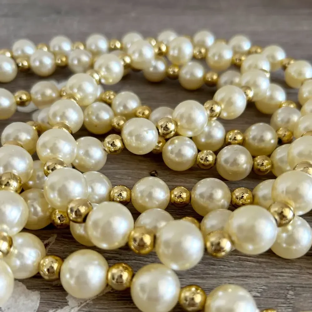 Vintage Set of 2 9’ Long Faux Pearl and Gold Bead Christmas Tree Garland EUC